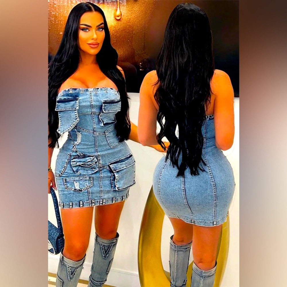 Fashion Strapless 3-D Pocket denim dress